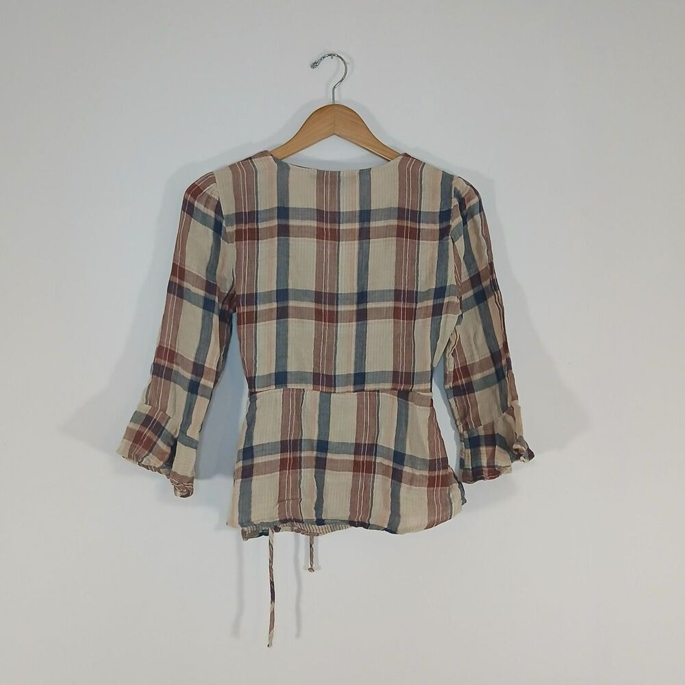 Blue Rain Plaid Wrap Tie Front Top Blouse Small Bell Sleeves Cottagecore Boho - Picture 2 of 6